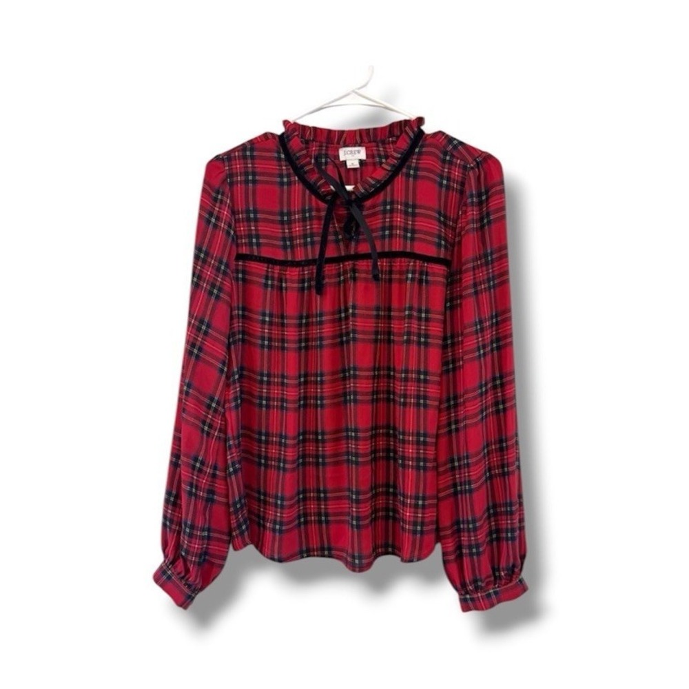 J Crew Red Plaid Long Sleeve High Neck Blouse Ruffle Velvet Trim Women's Size Sm